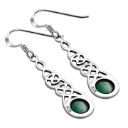 Green Agate Celtic Silver Long Drop Dangle Hook Earrings - e297